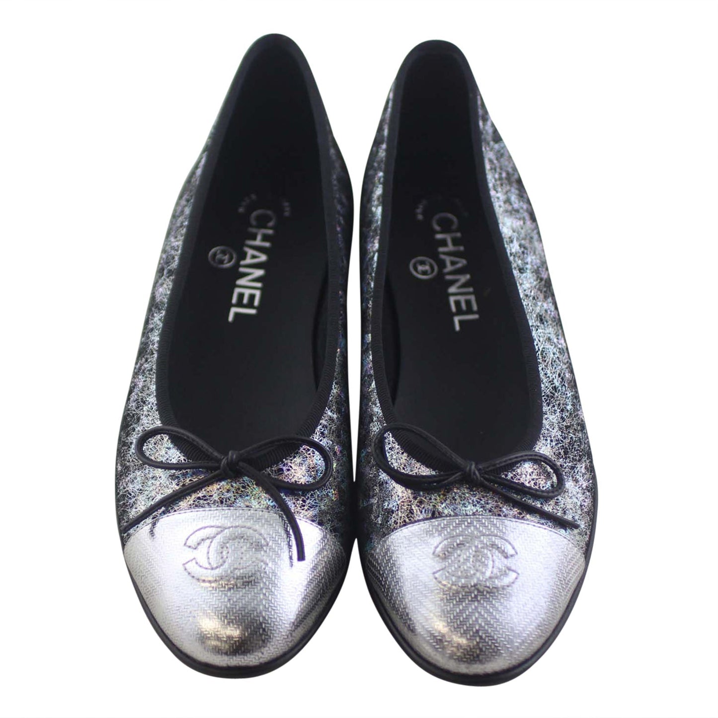 Chanel Metallic Silver Calfskin Hologram Cap Toe Ballerina Flats