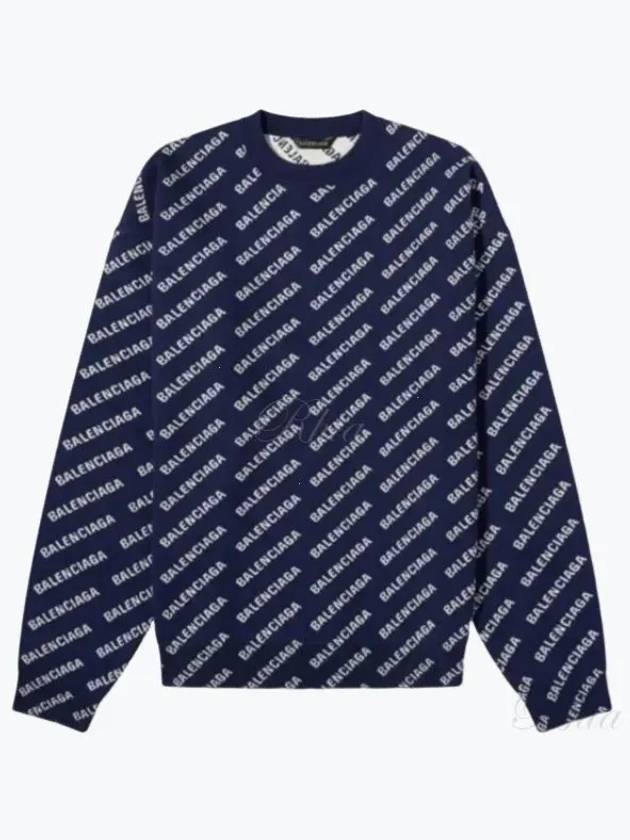 Luxury Balenciaga Trending 2026 Allover Logo Crew Sweatshirt Navy
