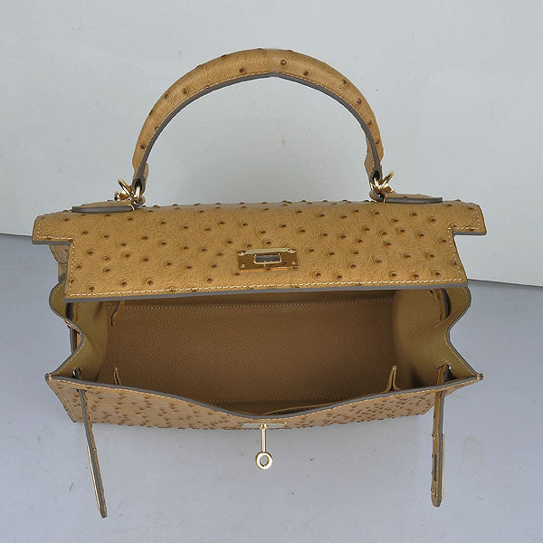Luxury Hermes Kelly 32cm Ostrich Vein 6108 Apricot Golden