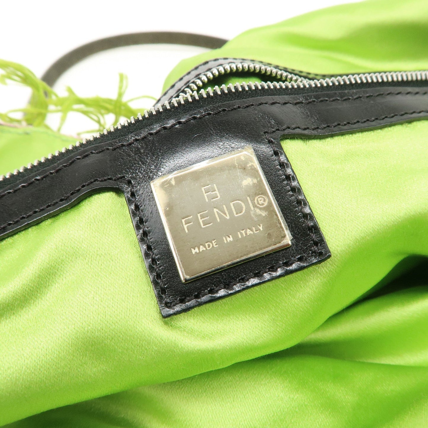 FENDI Canvas Leather Beaded Embroidery Tote Bag Hand Bag Black