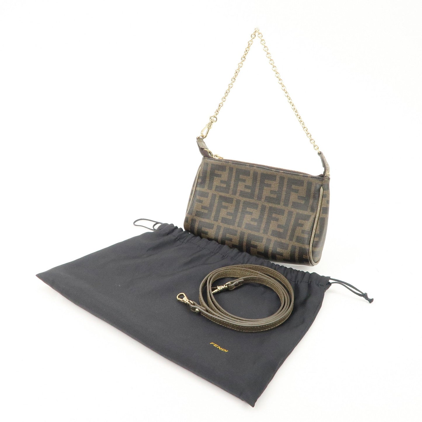 FENDI Zucca PVC Leather Chain Accessory Pouch Hand Bag Brown 8M0264