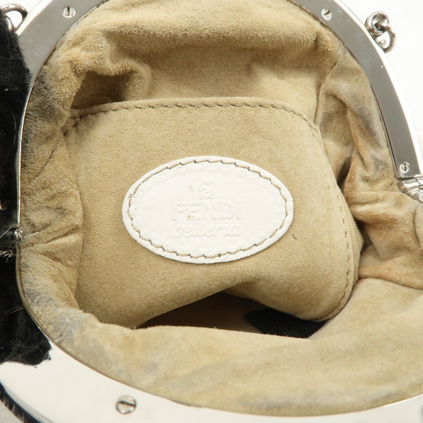 FENDI Seleria Leather Fur Flower Motif Kiss Lock Pouch Hand Bag 8BK048