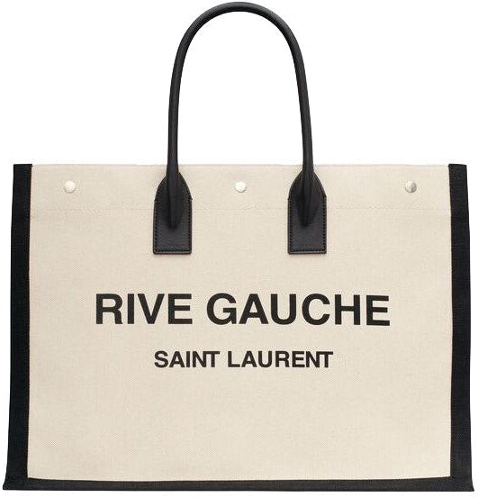 Luxury Saint Laurent Trending 2025 Men's Rive Gauche Print Tote Bag in Greggio/Nero/Nero | 509415FAAVU9083