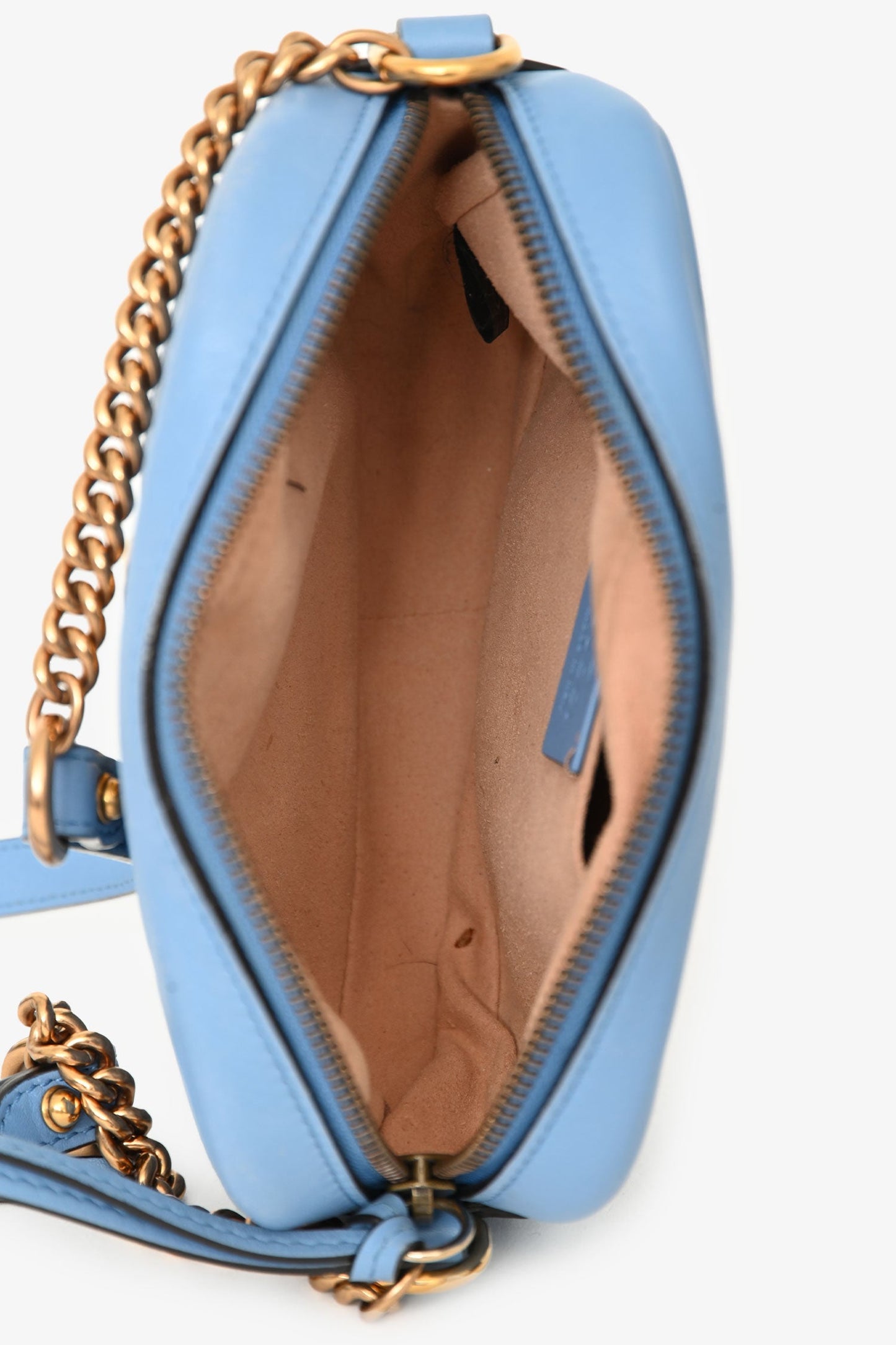 Gucci Light Blue Leather Chevron Quilted Mini GG Marmont Crossbody Bag