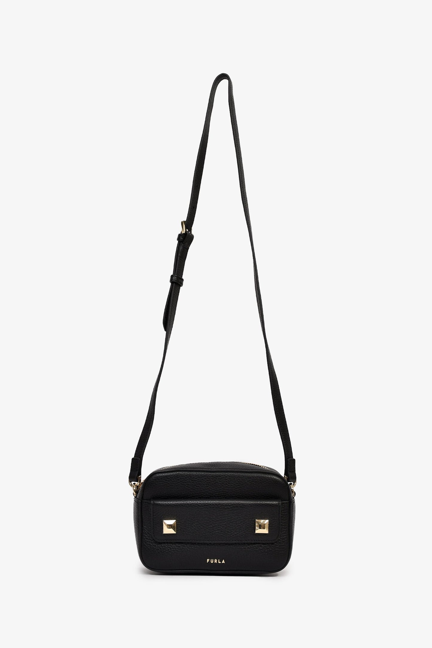 Furla Black Grained Leather Stud Camera Crossbody Bag