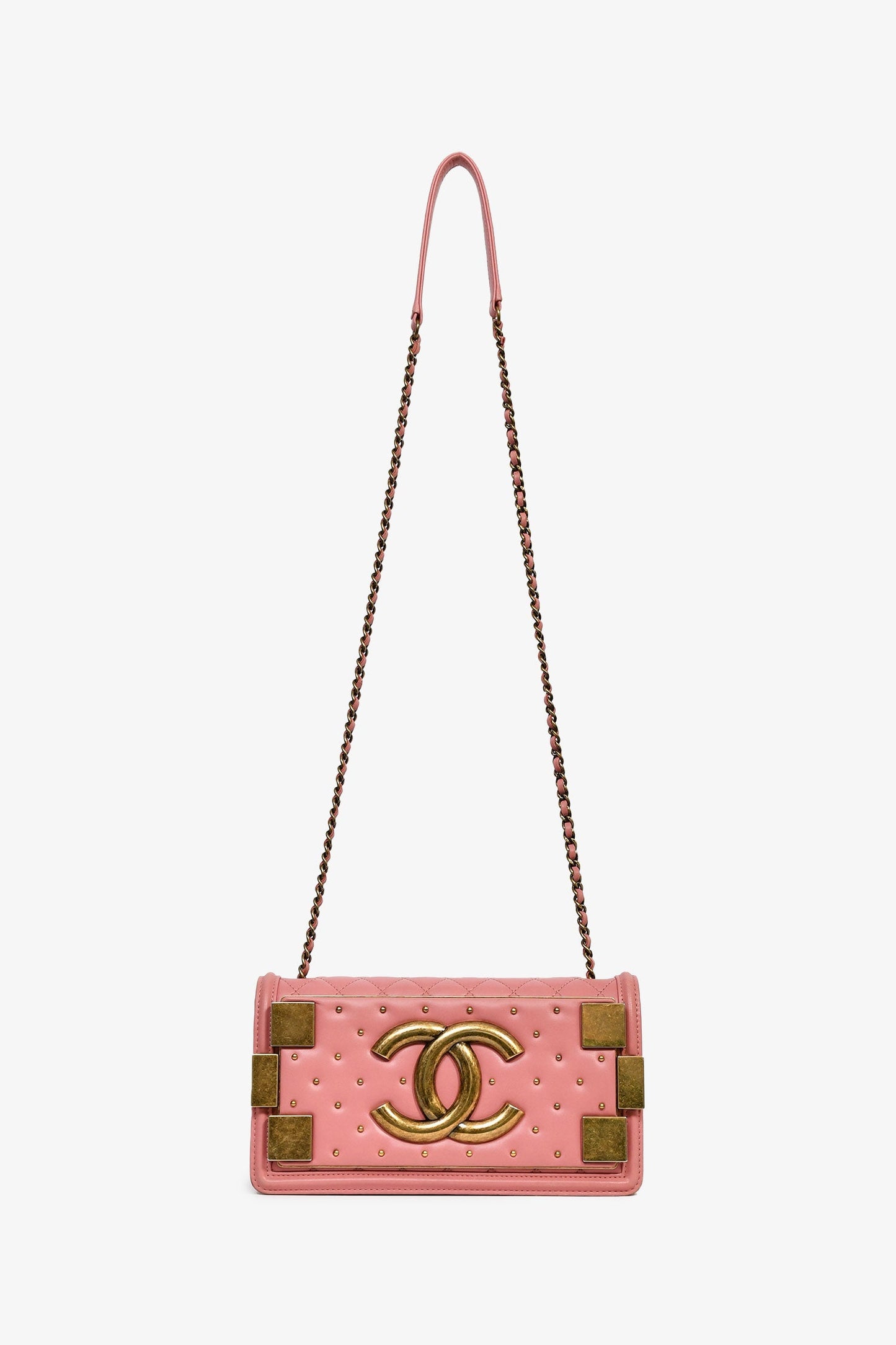 Chanel™ 2015-2015 Pink Lambskin Studded EW Boy Bag