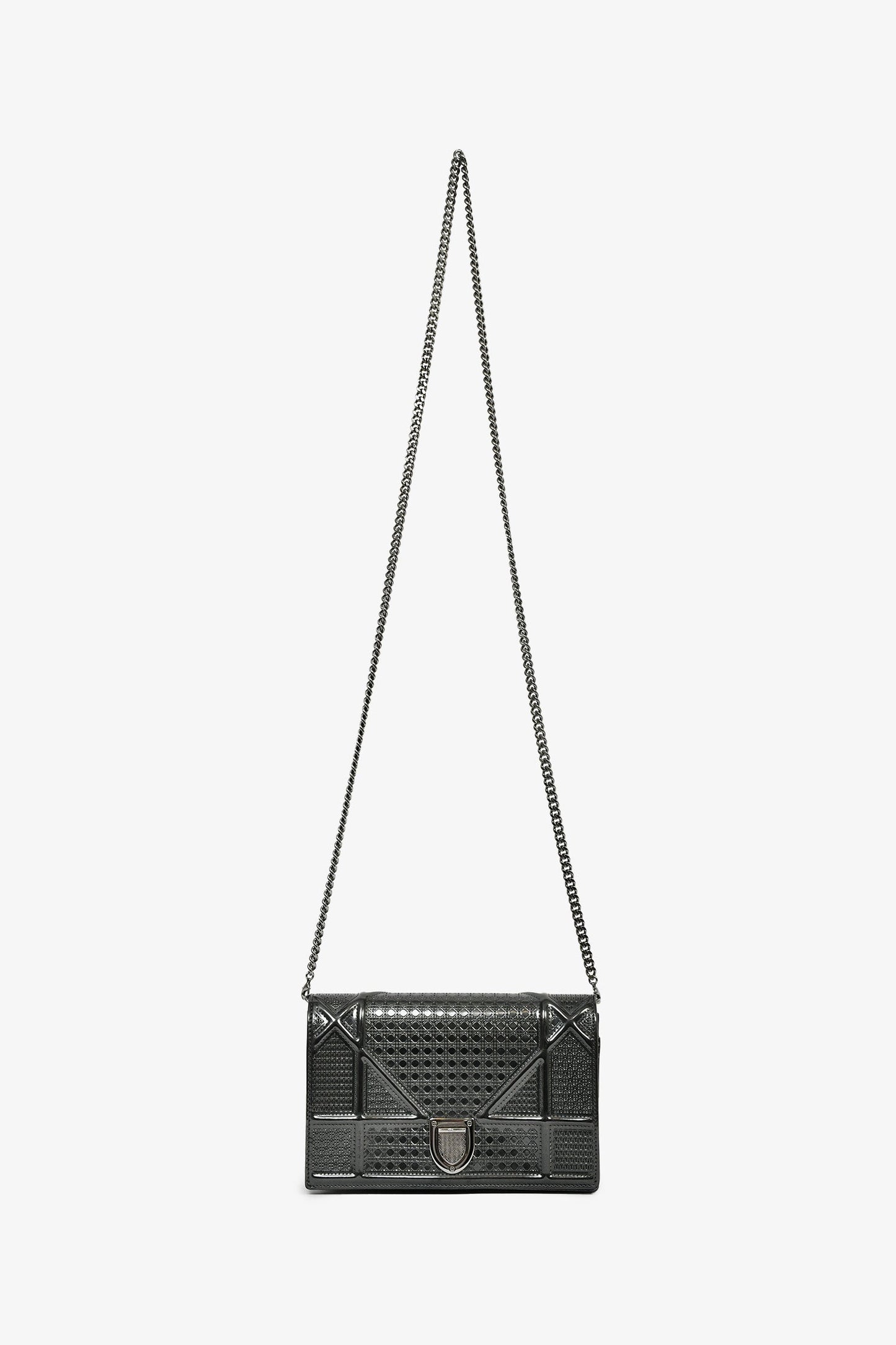Christian Dior Grey Metallic Patent Microcannage Diorama Wallet on Chain