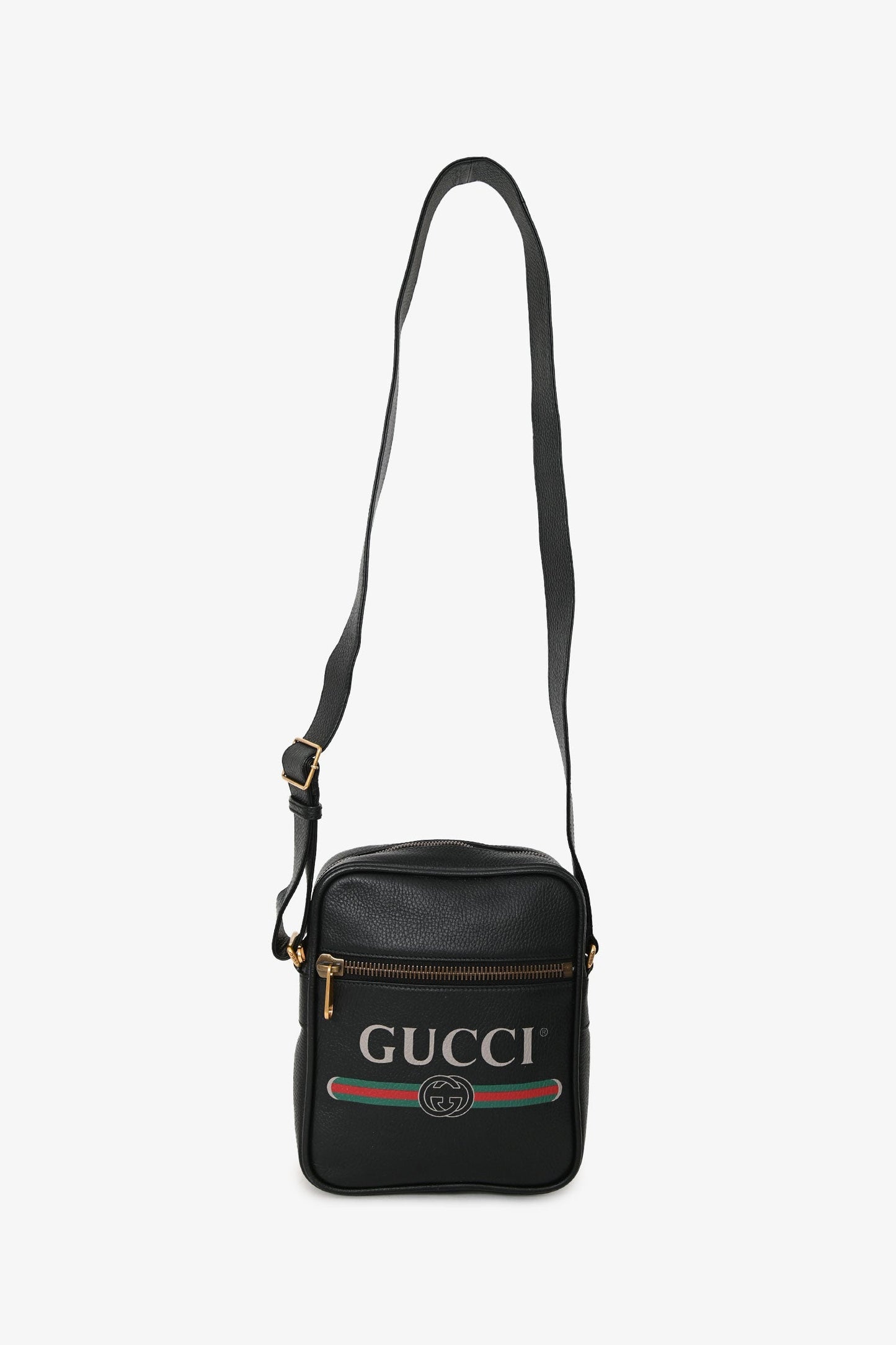 Gucci Black Leather Web Logo Print Messenger Bag
