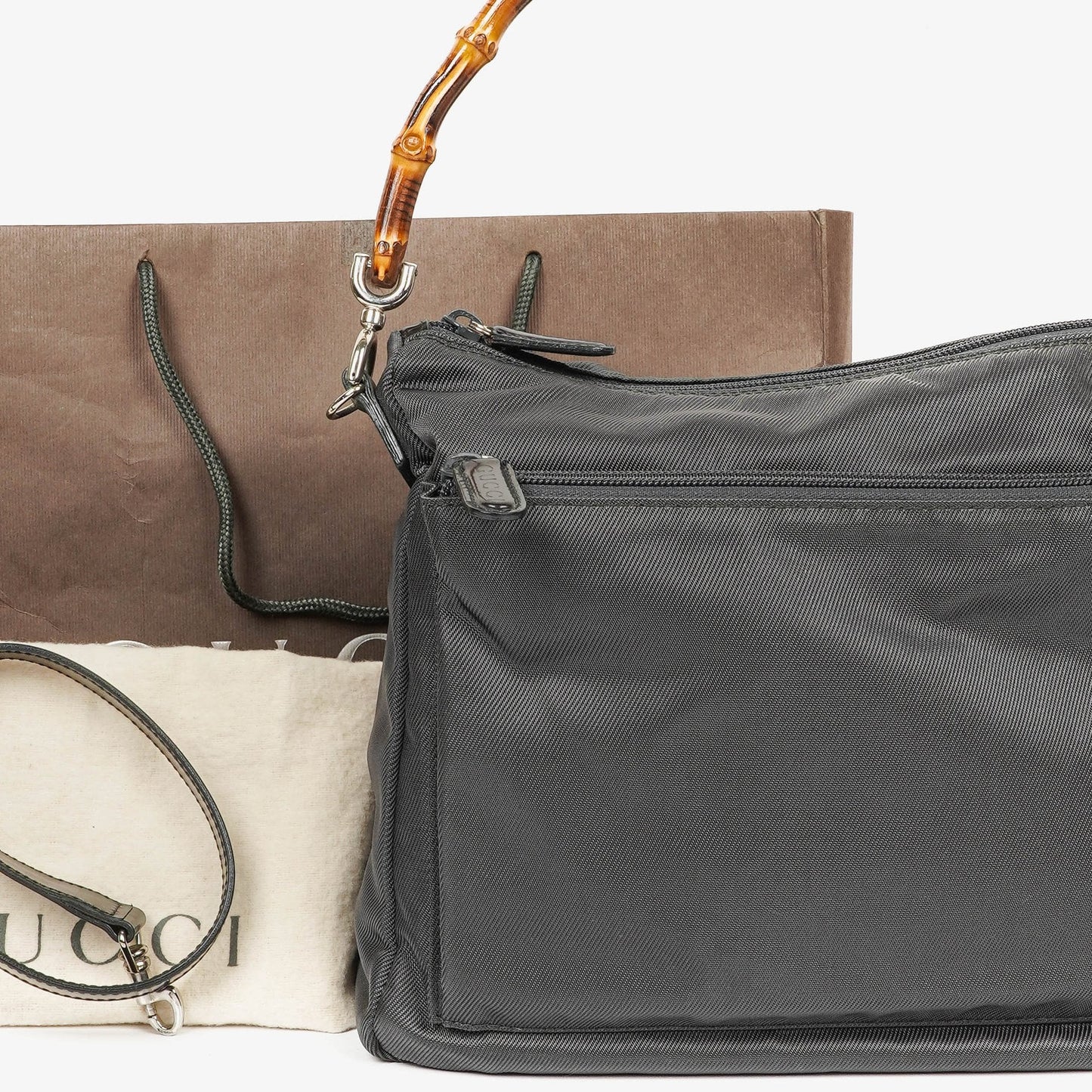 Gucci Bamboo Top Handle Grey Canvas Hobo Bag