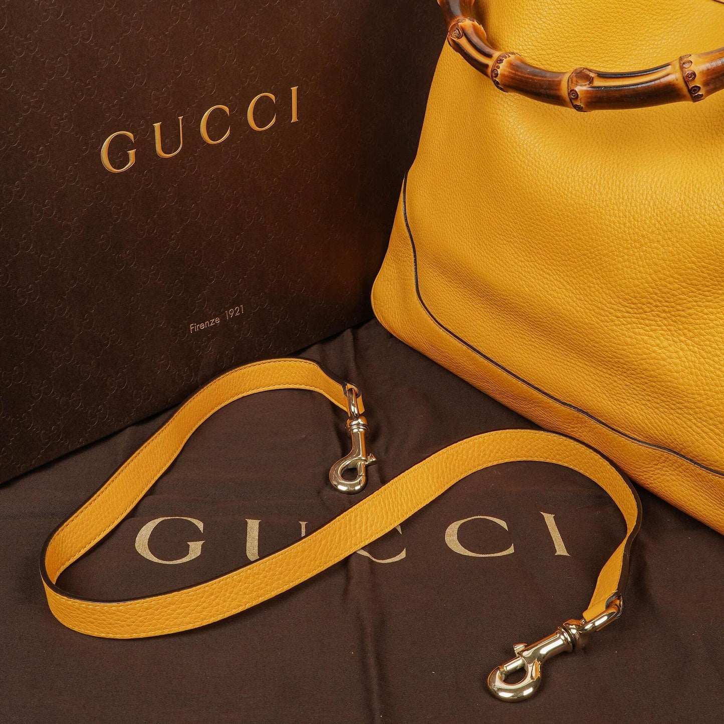 Gucci Diana Bamboo Handle Yellow Pebbled Leather Shoulder Bag