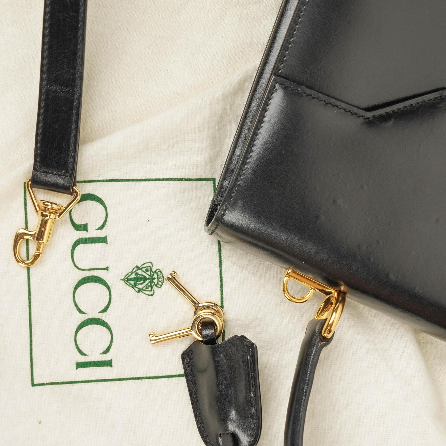 Gucci Vintage Kelly Lady Lock Convertible Top Handle Black Leather Shoulder Bag