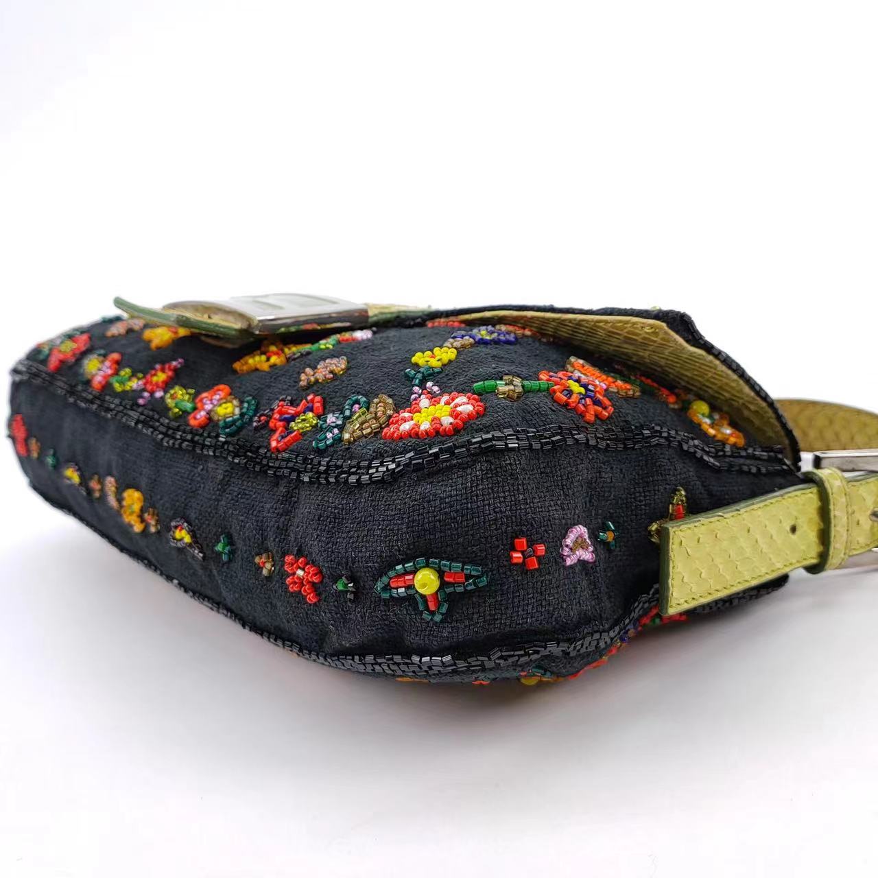 FENDI Baguette Black Canvas with beaded Flower Embroidery