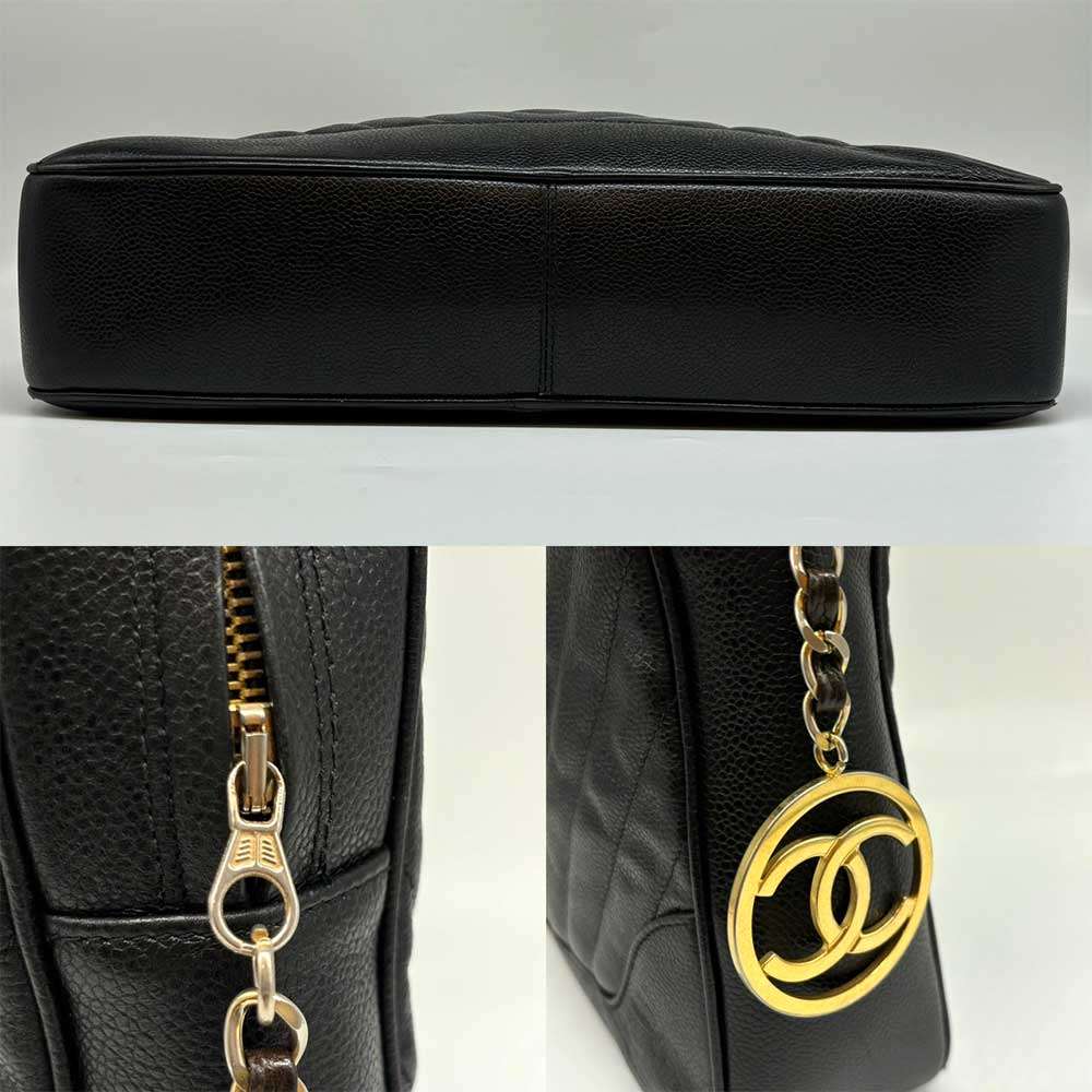 Chanel Caviar Skin Handbag Chevron V Stitch Black Leather Classic Flap