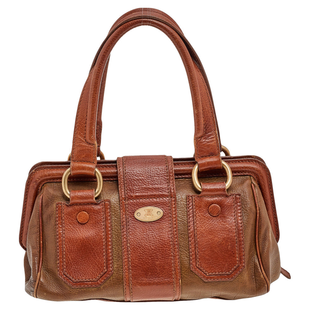 Luxury CELINE Two Tone Brown Leather Ella Frame Satchel