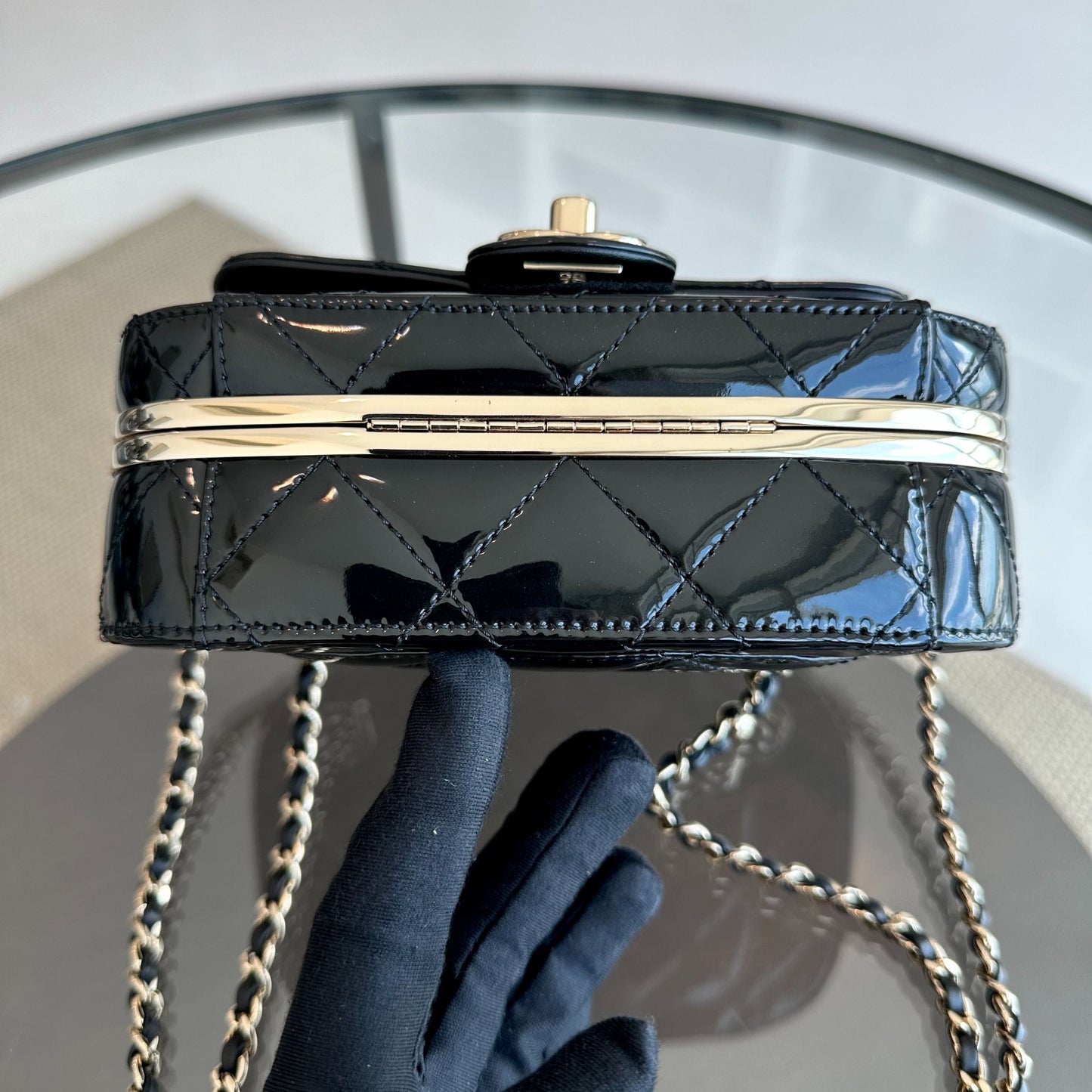 *Microchip, Full Set* Chanel 2022/23 Fall Winter Collection Mini Camera Quilted Patent Leather Black GHW