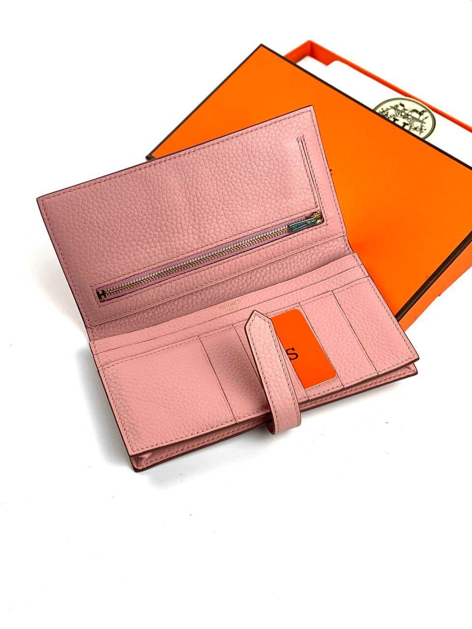 Luxury Hermes PINK Bearn Compact Wallet, Epsom Etoupe and Gold Hardware