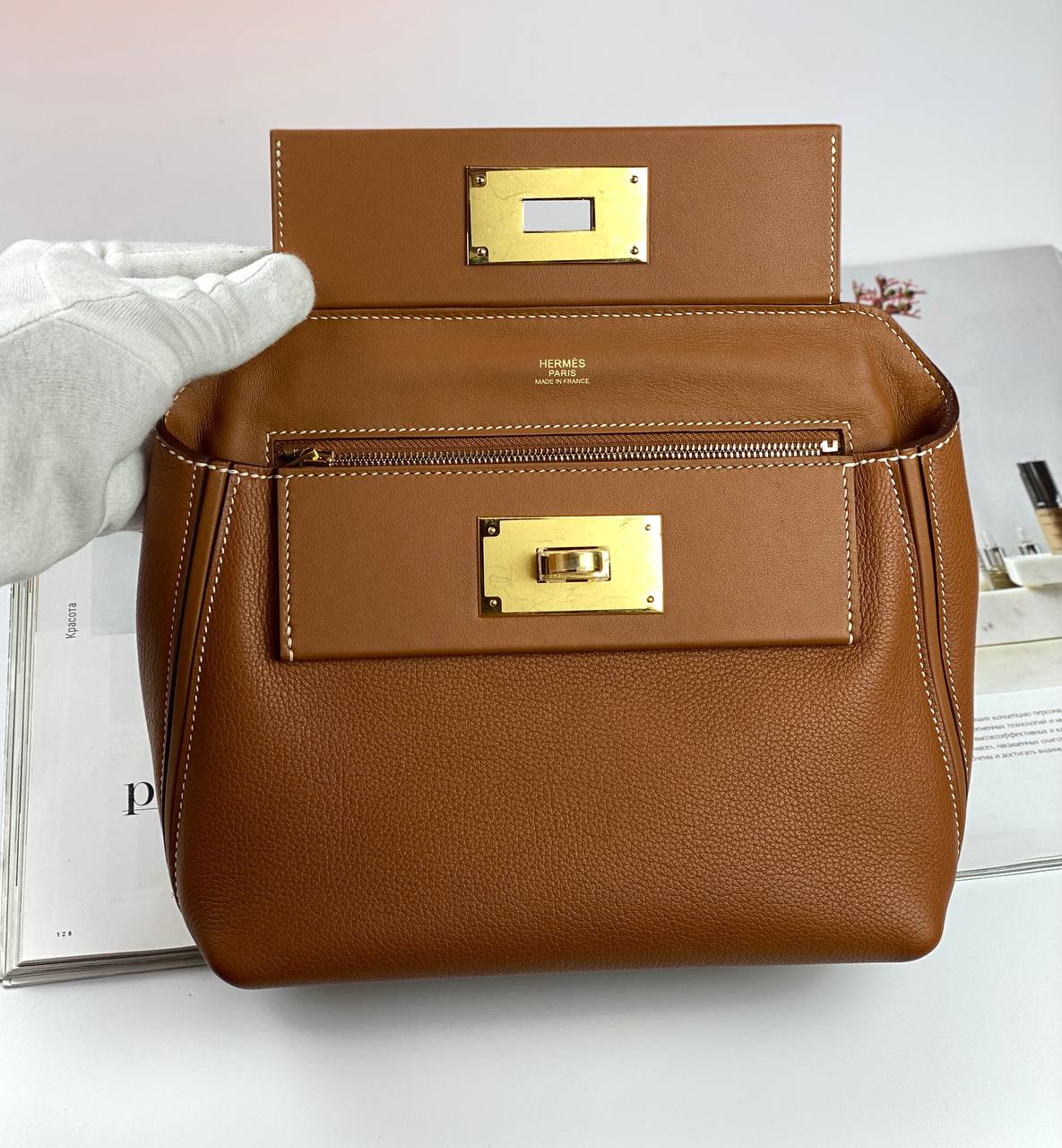 Luxury Hermes 24/24 Bag Evercolor with Swift 21 brown Gold Hardware