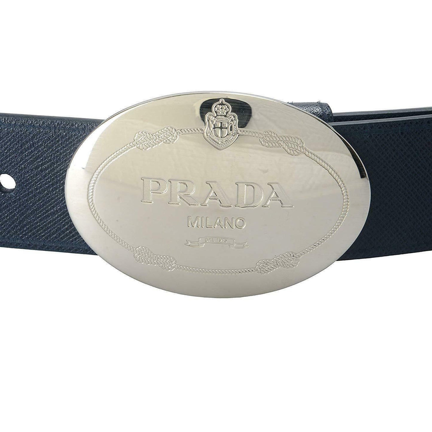 Prada Mens Navy Saffiano Leather Belt Silver Oval Buckle Belt Size 90-36