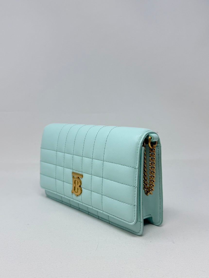 Luxury Burberry Lola Clutch with Chain Light Blue Leather