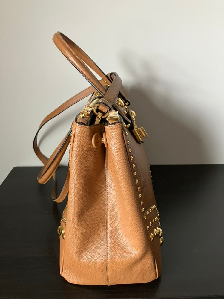 Prada Turn Lock Tan Leather Shoulder Bag