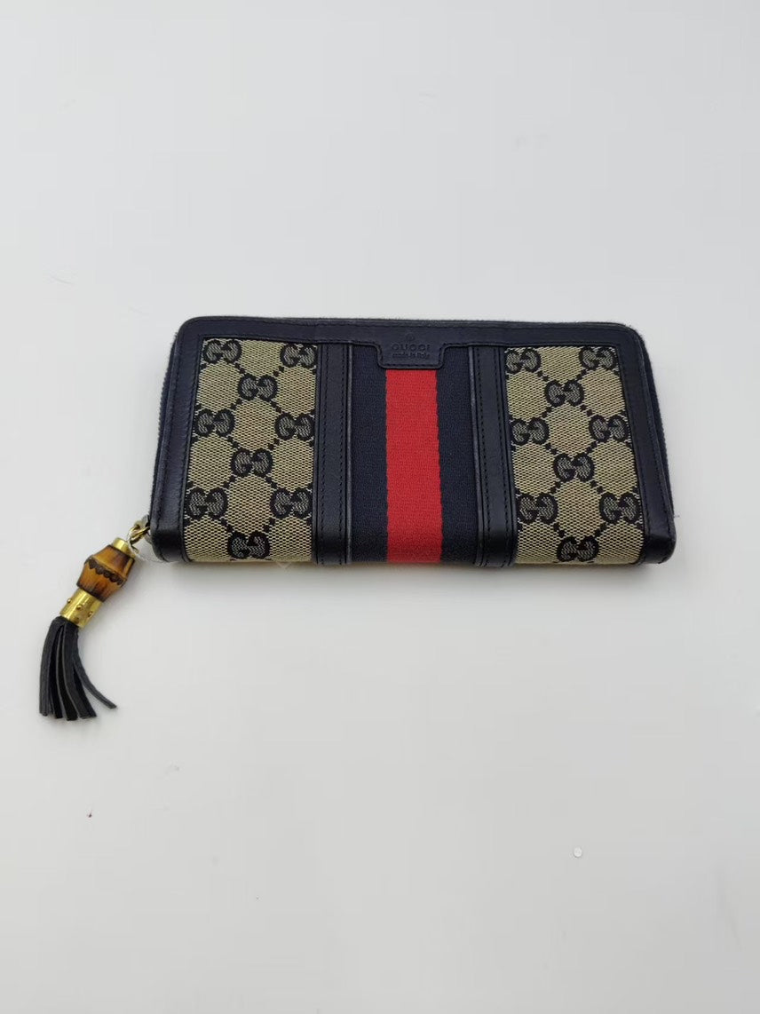 Gucci GG Supreme Web Stripe Beige Canvas and Black Leather Wallet