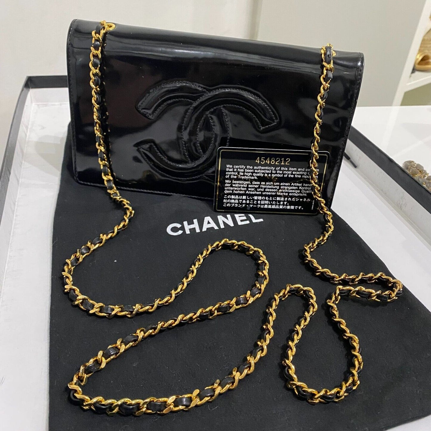 Chanel Vintage Black Patent Leather CC Logo Wallet On Chain WOC Bag