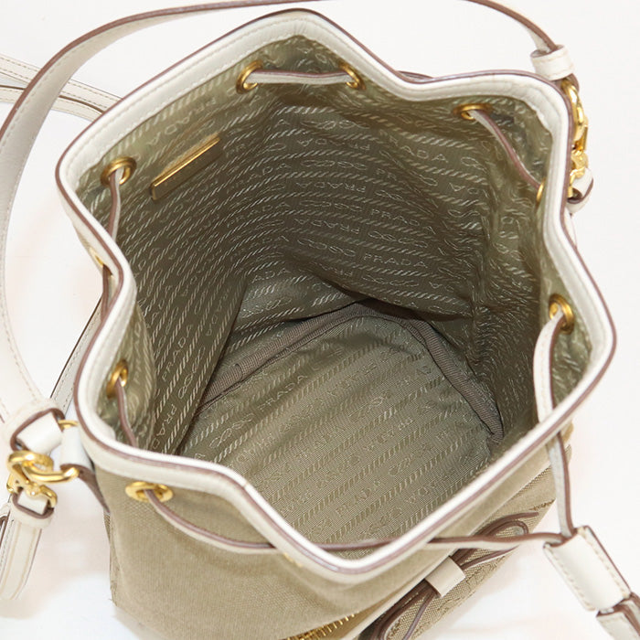 PRADA 1BH097 Handbag Logo jacquard Bucket Bag 2Way Handbag leather beige Women