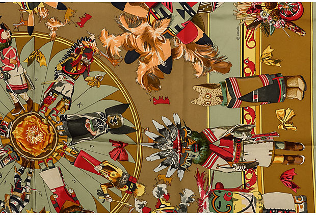 Hermes Olive Green Silk Kachinas Scarf