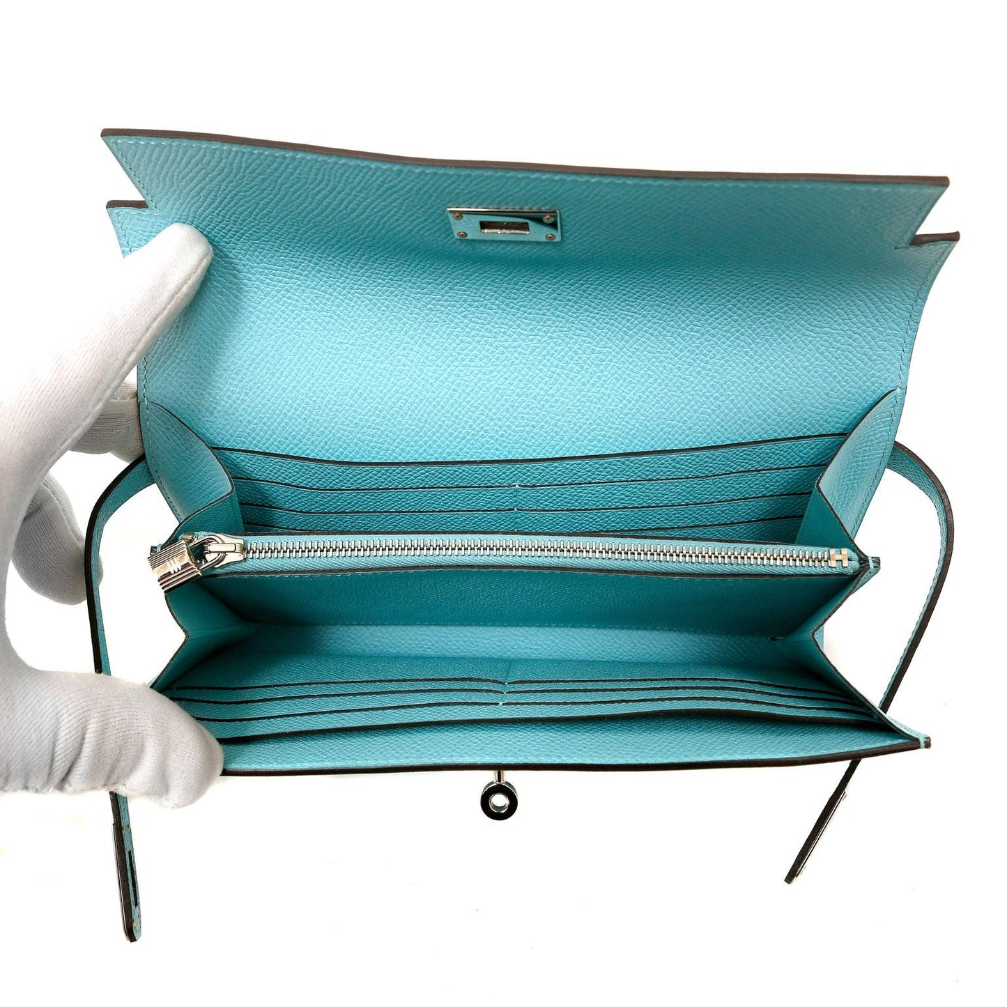 Luxury Hermes Robin's Egg Blue Epsom Kelly Wallet with Palladium Hardware