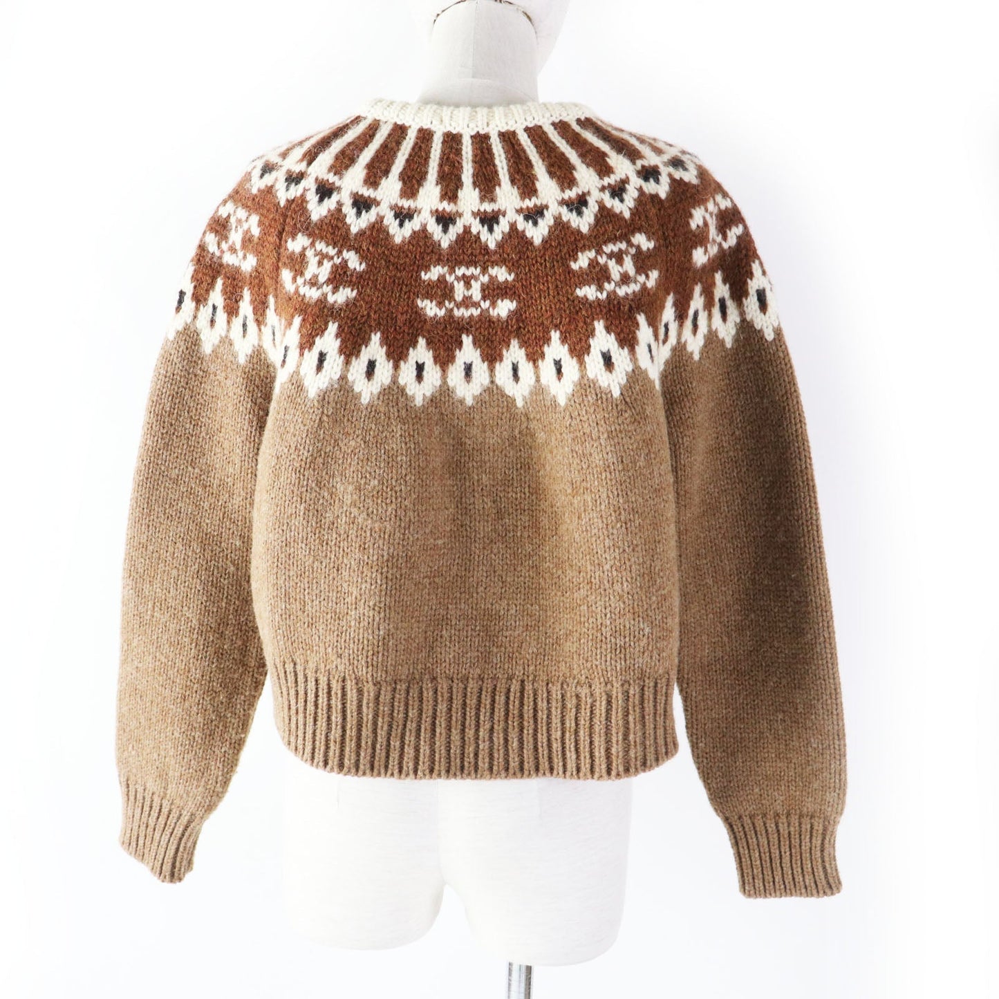 CELINE knit 2ADJ7823V Main: 100% wool Brown type Trim-off Fair Isle jacquard cropped crewneck sweater Women XS