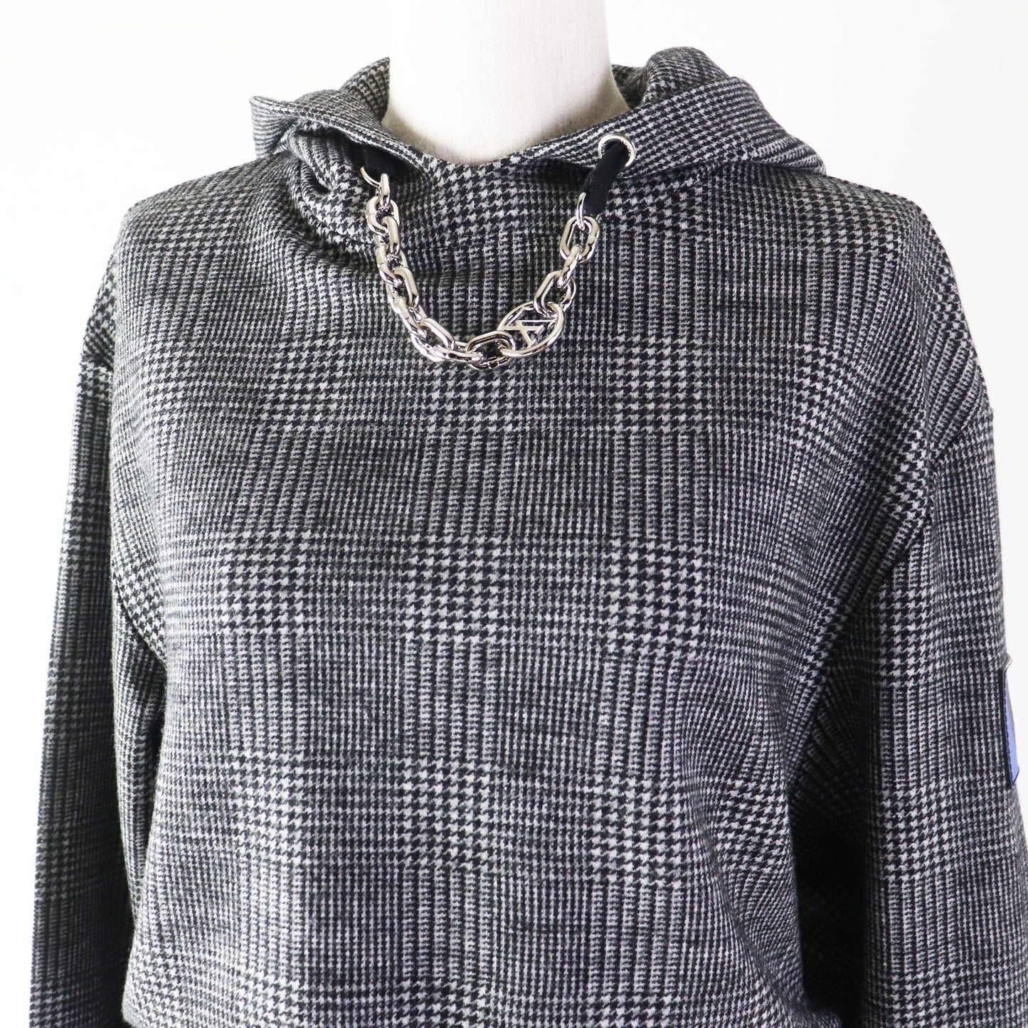 LOUIS VUITTON one piece 1AC3MF Outer: 100% wool, Lining: 100% cotton, Part: 90% wool, Part: 8% nylon, Part: 2% polyurethane, Patch: 100% cotton PVC coated sheep leather Gray black Prince of Wales Hoodie Dress Women M