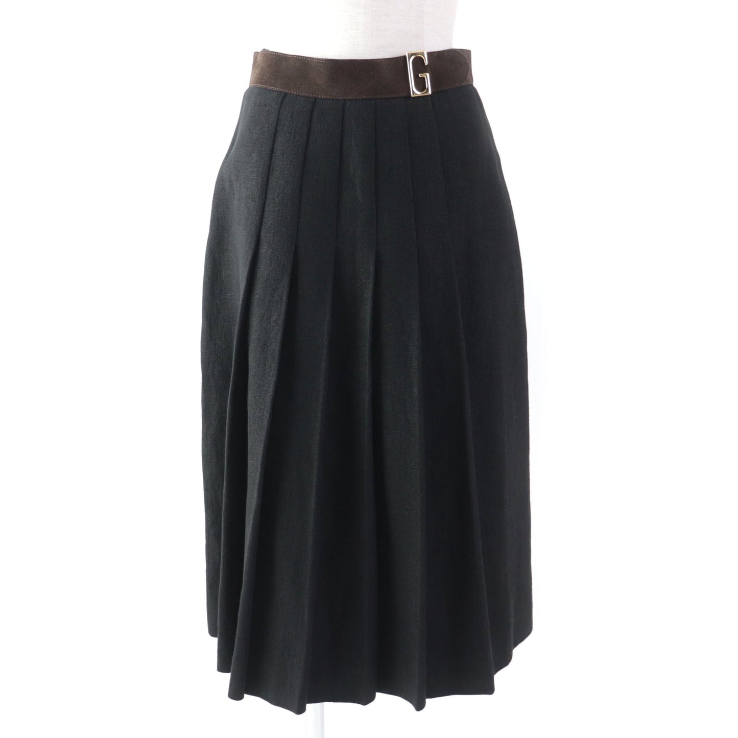 GUCCI Pleated skirt 511243 Outer: 100% linen, Lining: 68% rayon, Lining: 32% silk, Part: suede leather Black brown Women 40