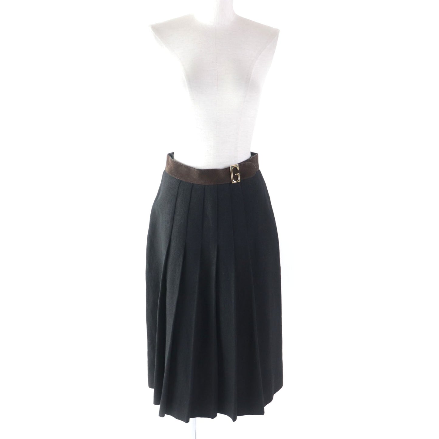 GUCCI Pleated skirt 511243 Outer: 100% linen, Lining: 68% rayon, Lining: 32% silk, Part: suede leather Black brown Women 40