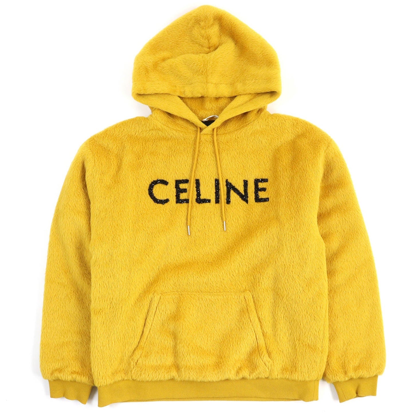 CELINE Hoodie 2Y964925R Outer: 62% alpaca, Outer: 38% wool, Lining: 100% rayon, Rib: 96% cotton, 4% polyurethane, Filling: 100% polyester Mustard Black Fuzzy wool loose fit hoodie mens L