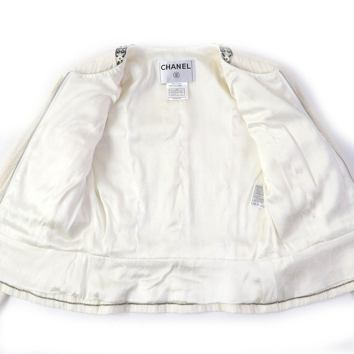 CHANEL No color jacket 03P P23760 Outer: 56% cotton, Outer: 44% linen, Lining: 95% silk, Lining: 5% elastane (polyurethane) Off-white black Women 34