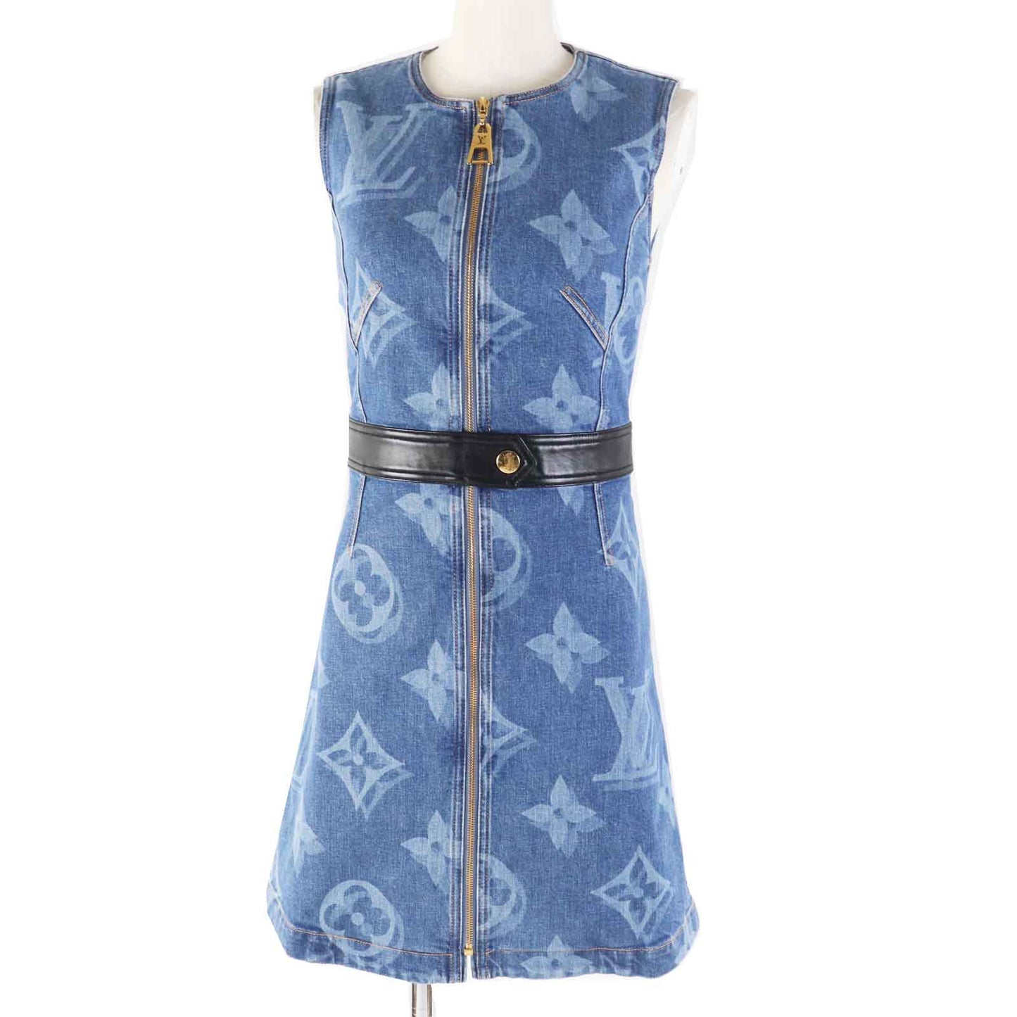 LOUIS VUITTON one piece Outer material: 98% cotton, Outer material: 2% polyurethane, Leather part: sheep leather Indigo blue Giant Monogram Women 34