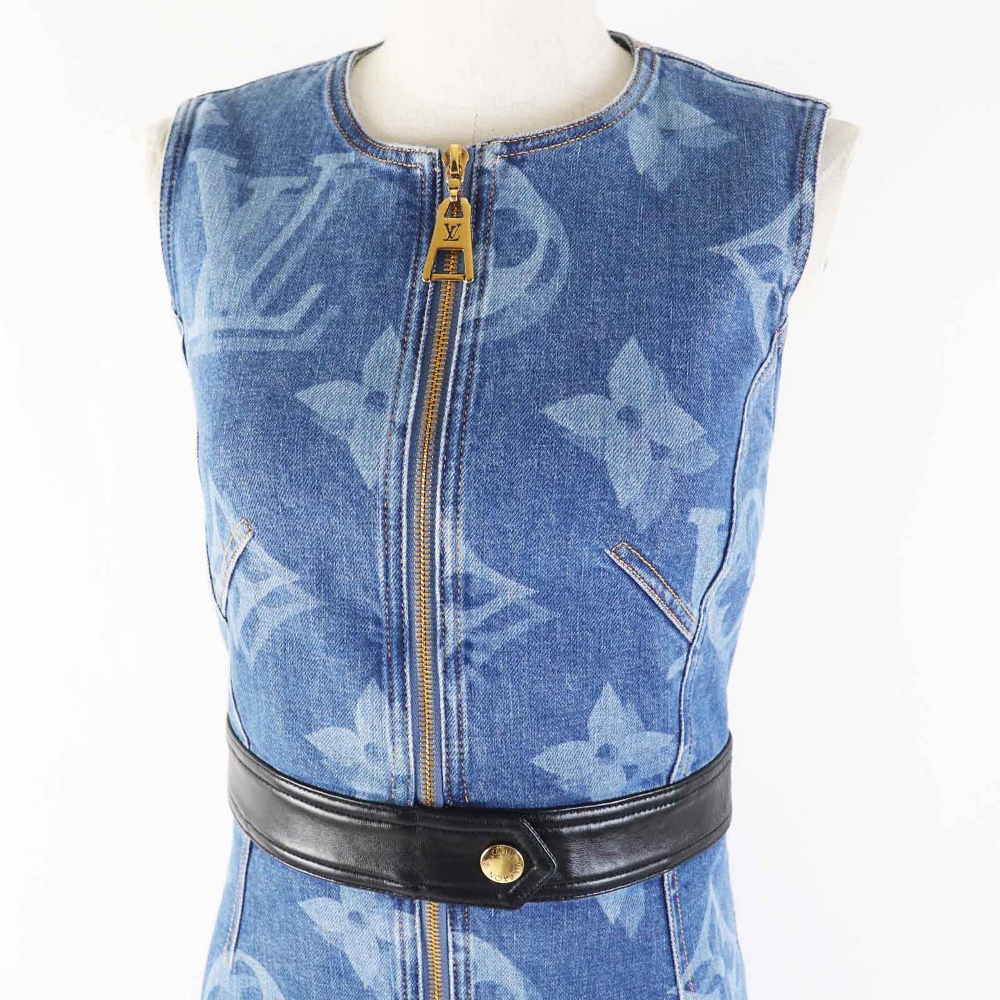 LOUIS VUITTON one piece Outer material: 98% cotton, Outer material: 2% polyurethane, Leather part: sheep leather Indigo blue Giant Monogram Women 34