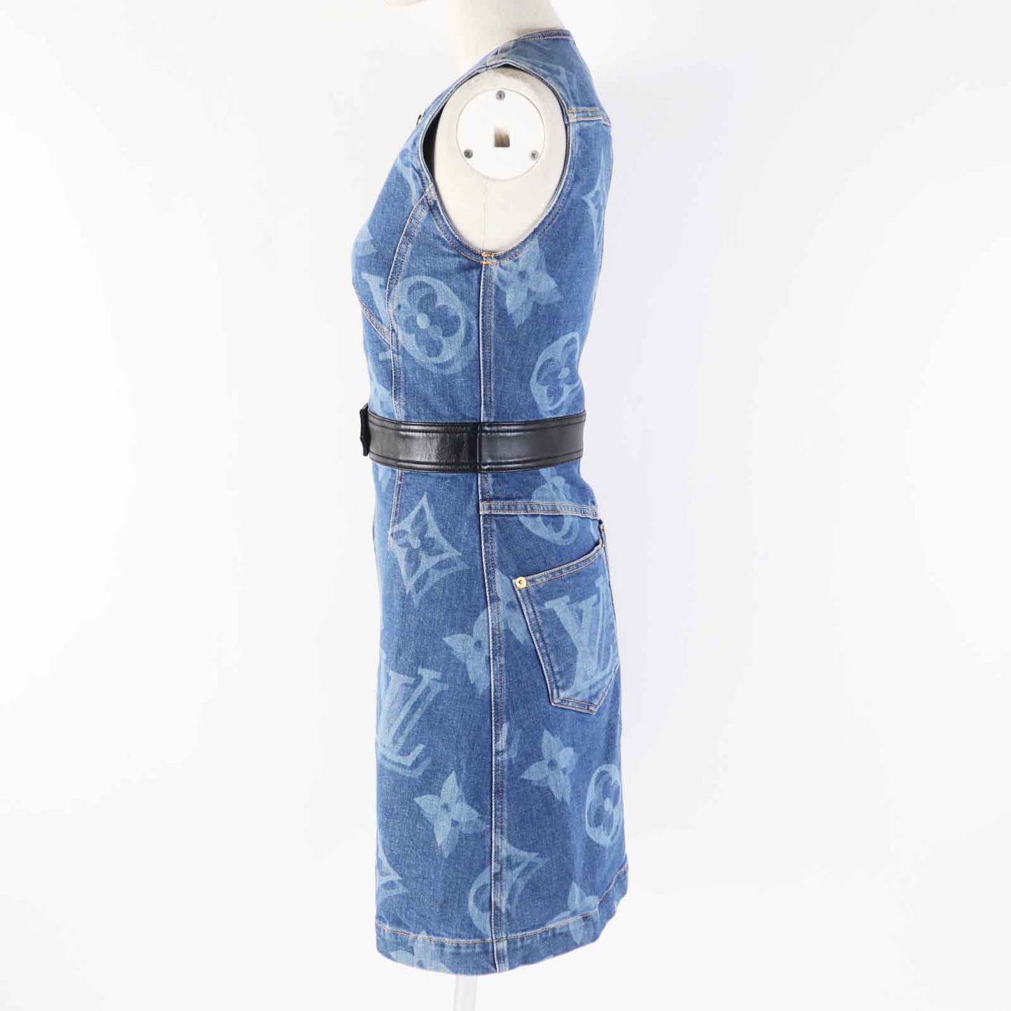 LOUIS VUITTON one piece Outer material: 98% cotton, Outer material: 2% polyurethane, Leather part: sheep leather Indigo blue Giant Monogram Women 34