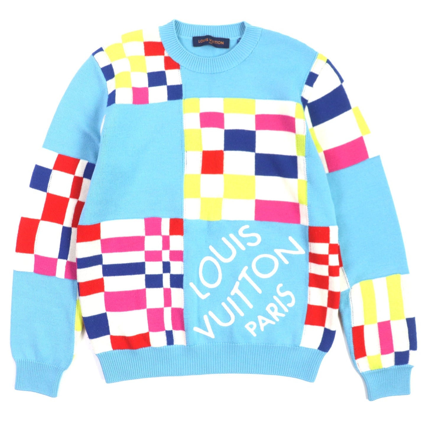 LOUIS VUITTON sweater 1A8P48 Main: 100% wool light blue multi Distorted Giant Damier mens S