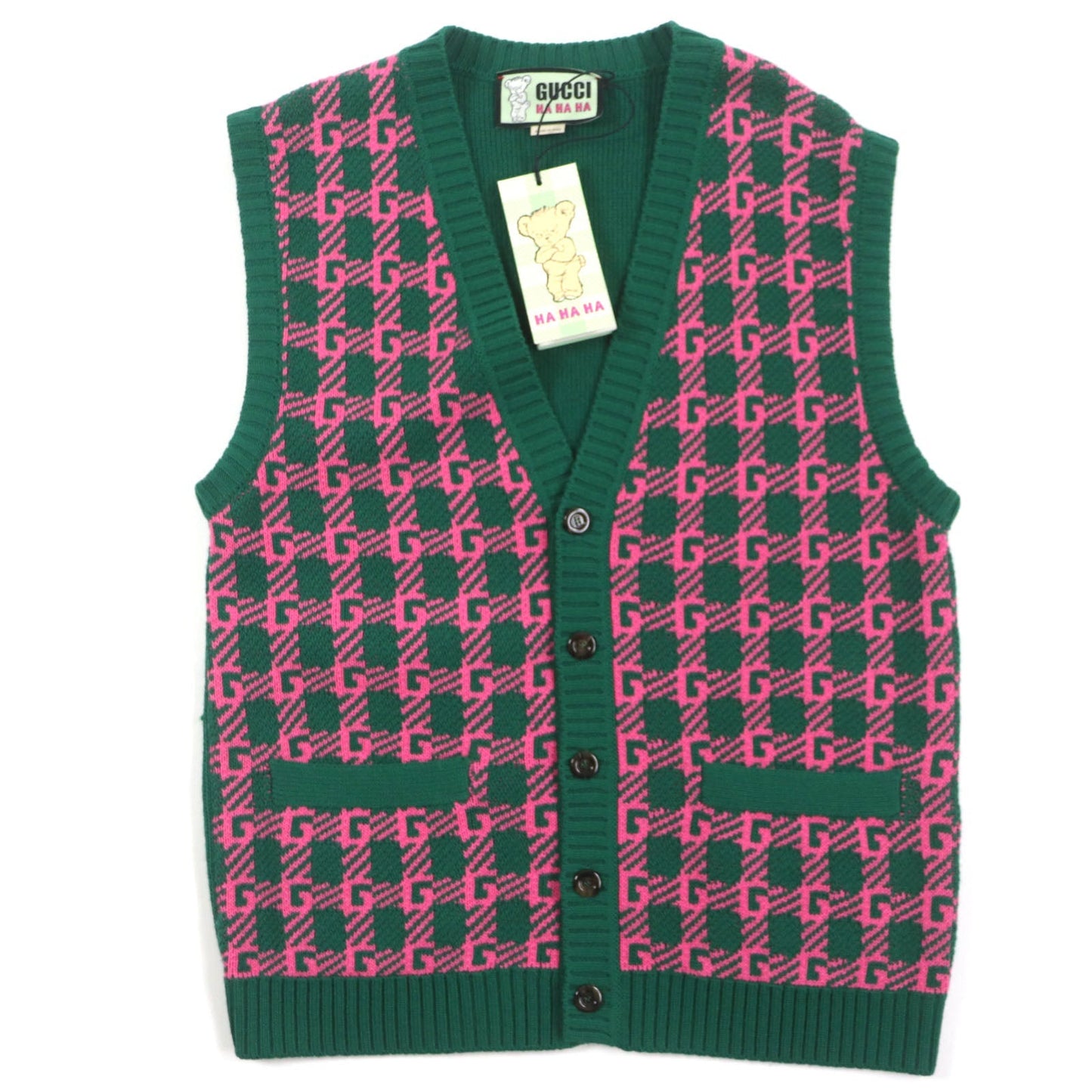 GUCCI Vest 711573 Main: 71% wool, Main: 29% cotton, Outer: 100% wool Green pink HA HA HA mens M