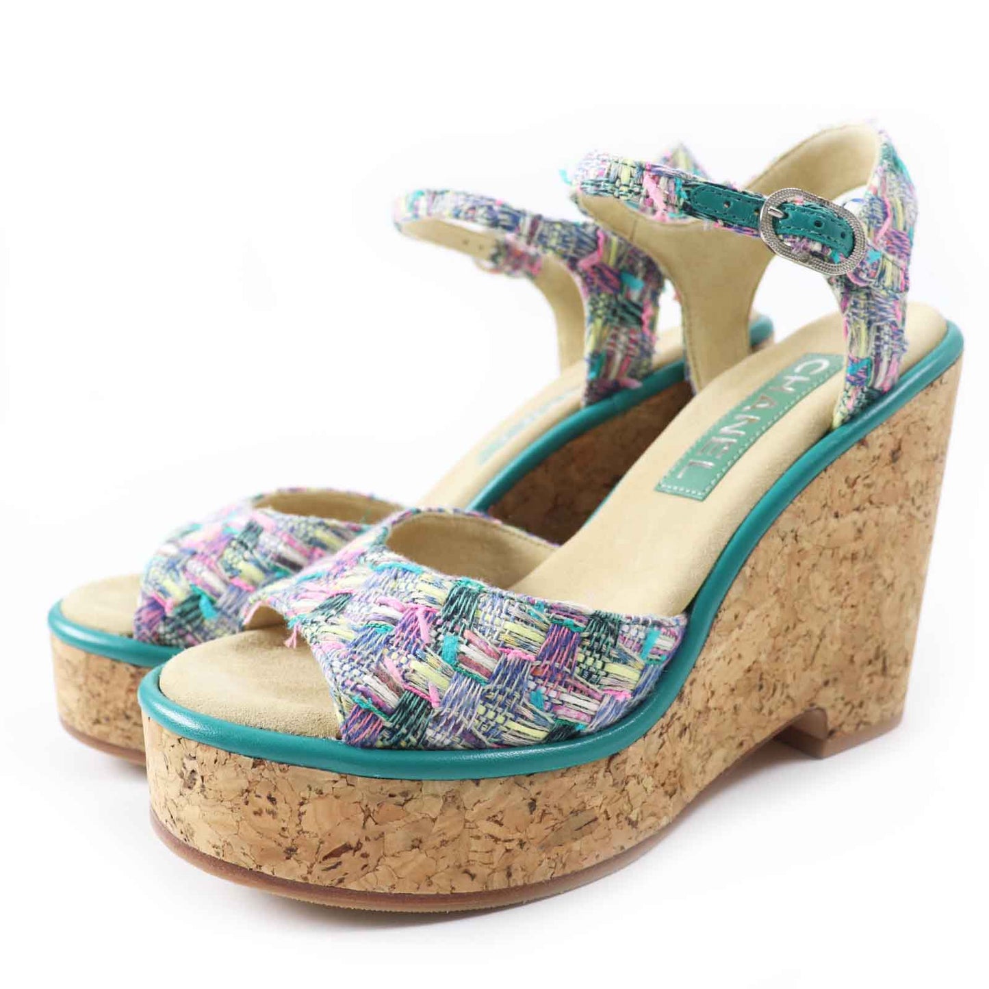 CHANEL Sandals G39812 Tweed, Leather, Cork Multi Wedge sole Women 37 1/2 C