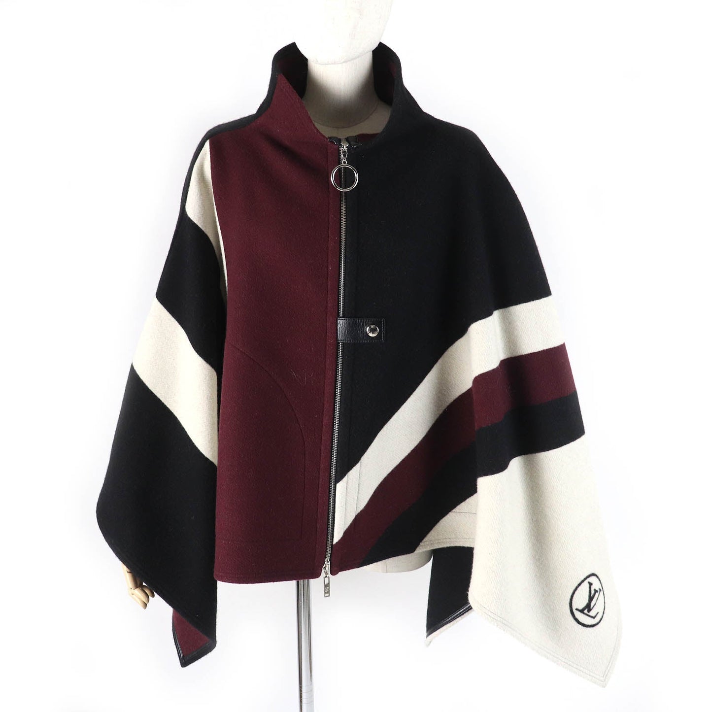 LOUIS VUITTON poncho Main: 97% wool, Main: 3% silk, Leather part: sheepskin Black Light Beige Bordeaux Women 34