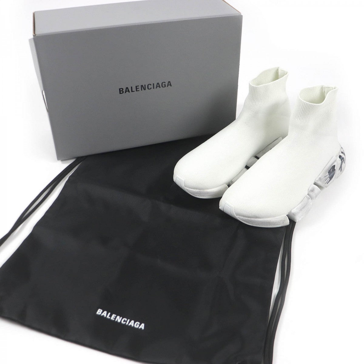BALENCIAGA High cut sneakers 92% polyester, 8% spandex white Recycled knit Speed 2.0 Full Clear Sole Graffiti mens 38