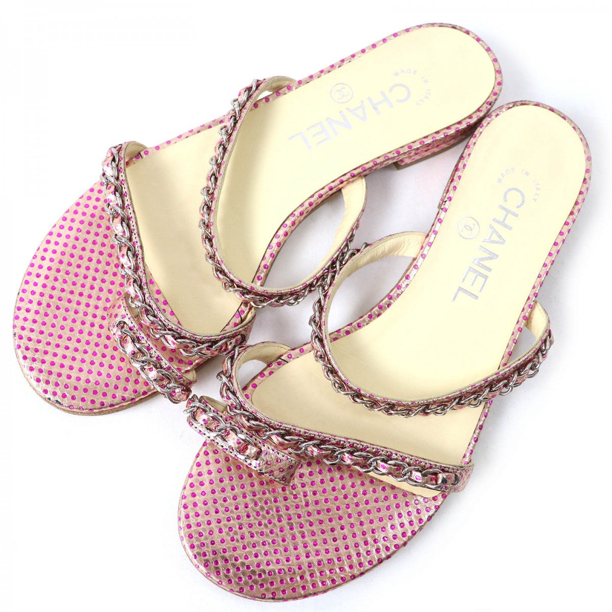 CHANEL Mule leather Pink type COCO MarkMetal Flat sandals with dot pattern chain Women 35 1/2