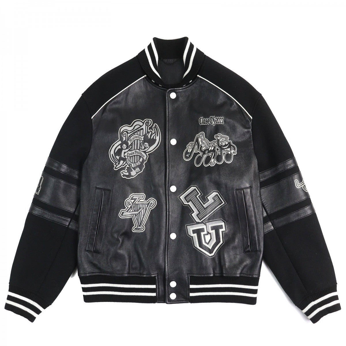 LOUIS VUITTON Blouson HOL07E Outer: 76% wool, Outer: 24% nylon, Lining: 69% cupra, Lining: 31% cotton, Leather part: sheepskin Black gray white varsity blouson mens 52