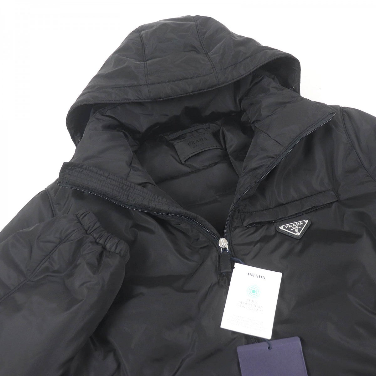 PRADA Down jacket SGN955 Main: 100% recycled nylon, Filling: 40% down, Filling: 33% recycled polyamide, Filling: 27% polyester, Leather part: Lambskin black mens 50