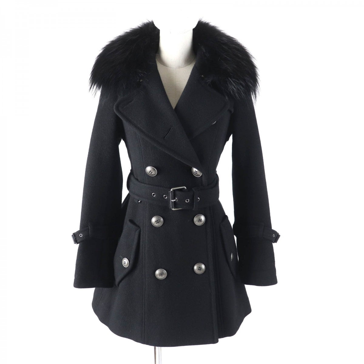 BURBERRY BLUE LABEL trench coat Outer material: 70% wool, Outer material: 30% angora, Fur: raccoon, Part: cowhide, Lining: 100% polyester black Women 38