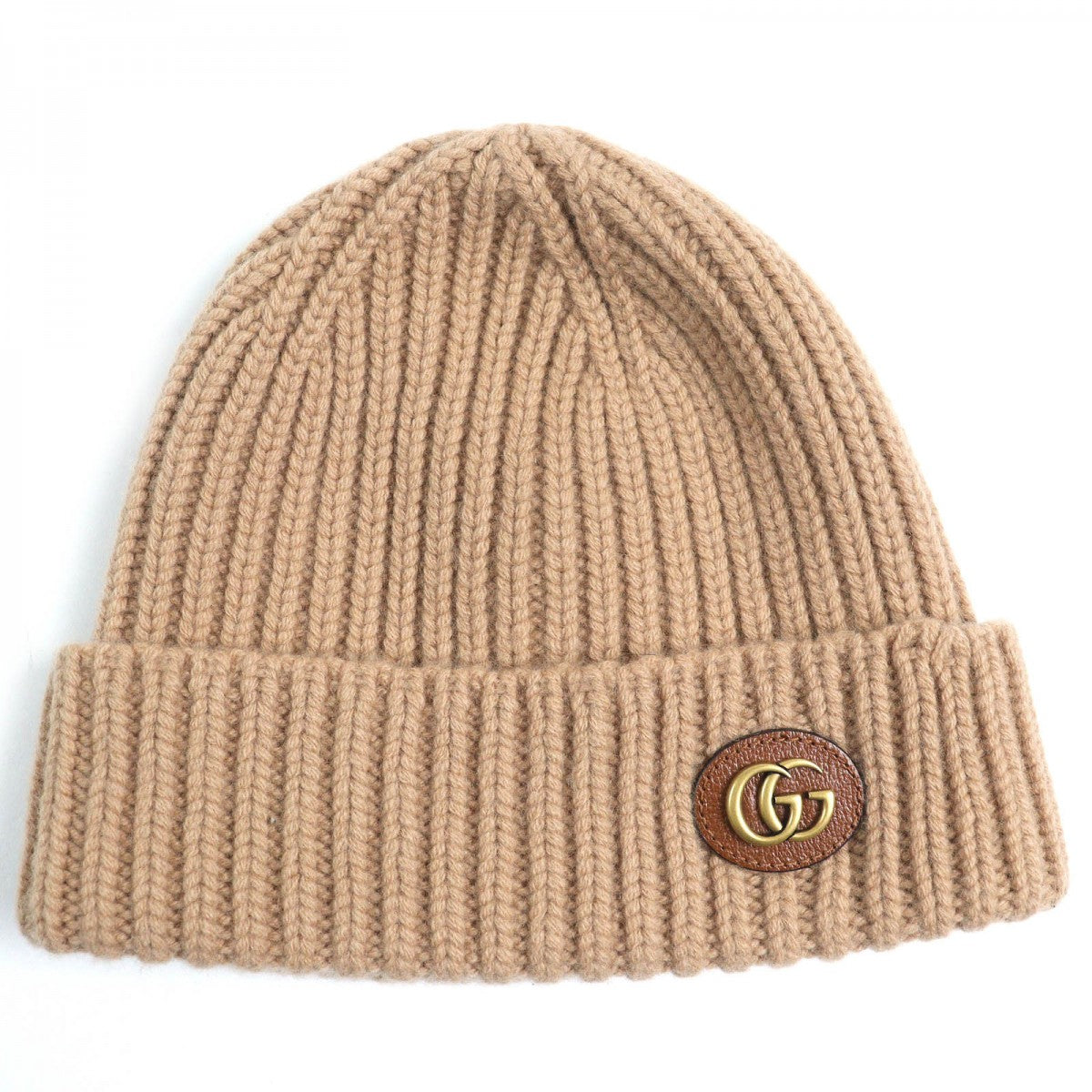 GUCCI Knit cap 764594 Main: 85% wool, Main: 15% cashmere, Leather part: sheepskin Camel mens M