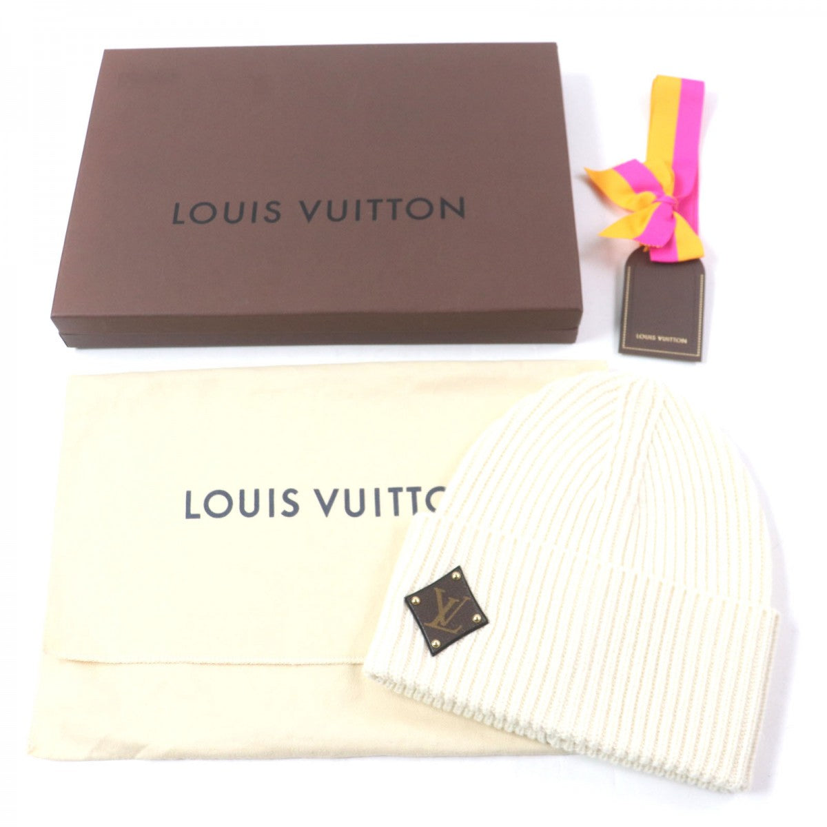 LOUIS VUITTON Knit cap M76707 Main: 100% wool, Leather parts: cowhide, Parts: 100% polyester Ivory Bonnet LV Beanie mens
