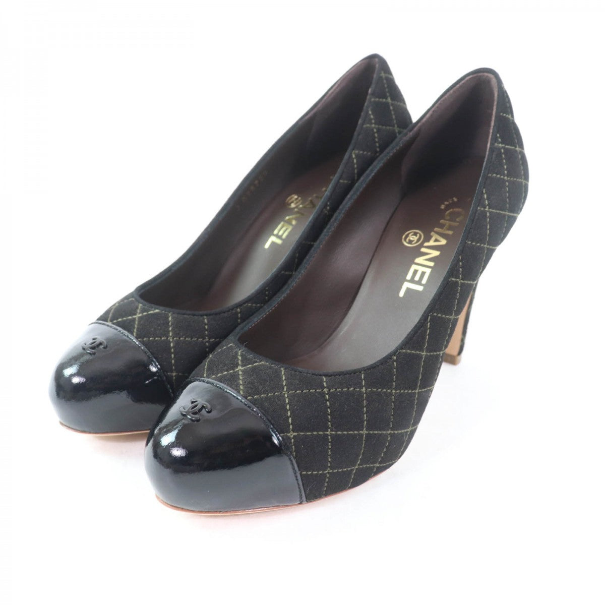 CHANEL pumps G28759 Enamel xCanvas black Matrasse quilting COCO Mark Women 36 1/2C